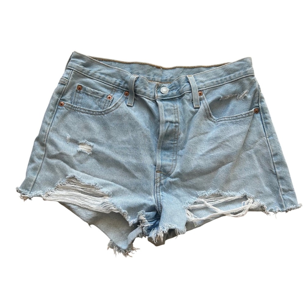 Levi's 501 Original Distressed Shorts High Rise W29 Light Blue Denim Button Fly